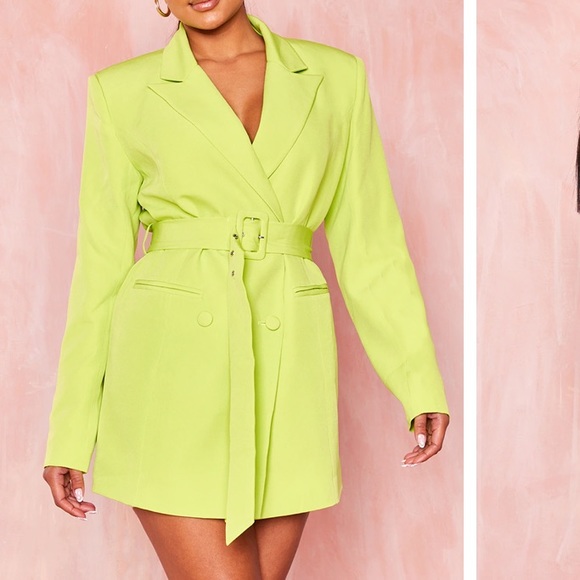 Prettylittlething Lime Structured Tie Waist Blazer Dress - Picture 1 of 8
